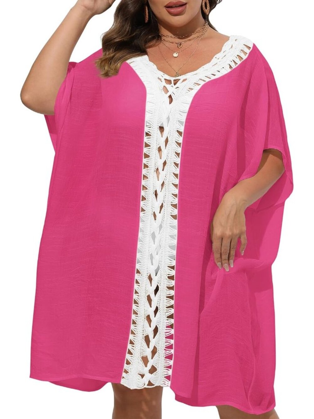 〽️Women's Swim Suit Coverups Pink White Polyester Summer Loose Beach Crochet